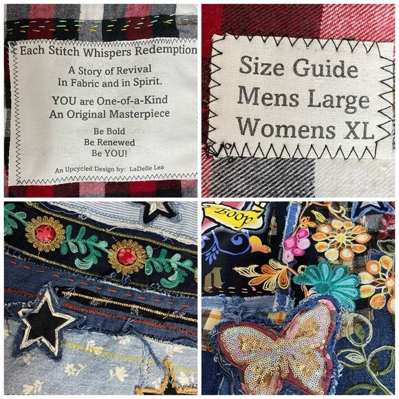 Upcycled Flannel Shirt Shacket Womens XL Betty Boop Grunge Patchwork Folk Art - Picture 3 of 16